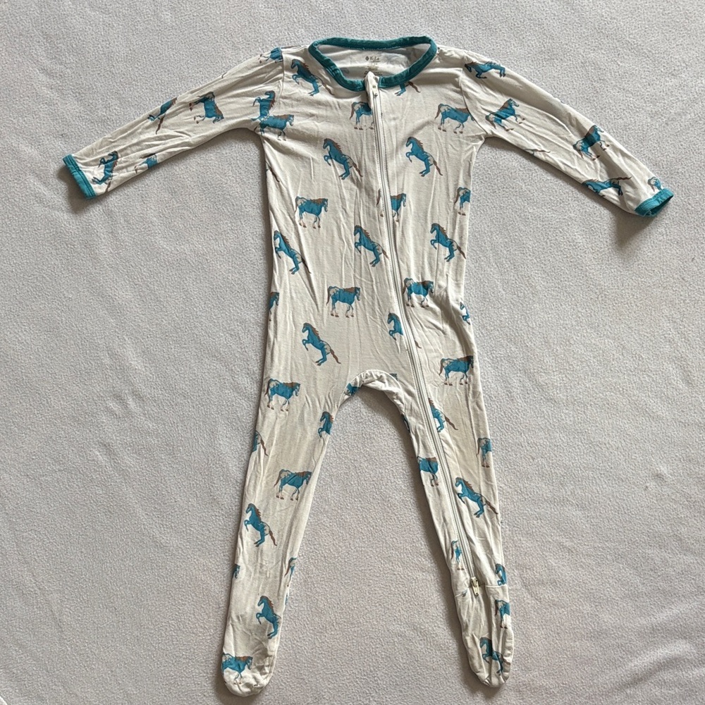 Cream One-Piece Footed Pajama with Teal Horse Print for Kids